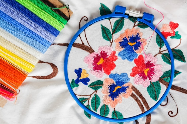 Close-up of embroidered fabric with colorful threads
